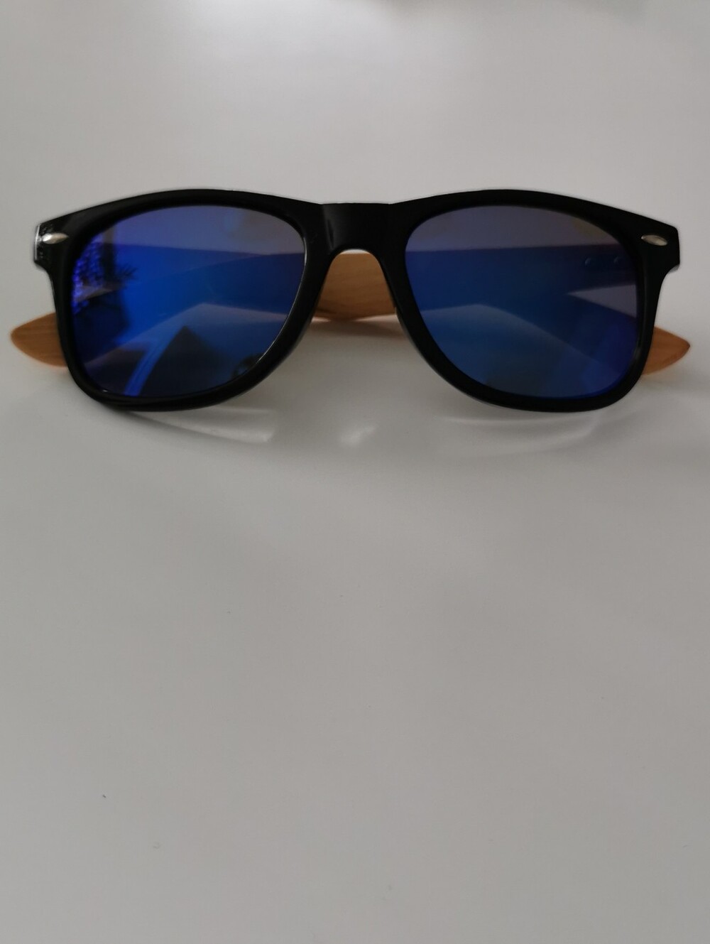 Men's Classic Black Frame Wood Side Arms Blue Mirrored Lenses Sunglasses